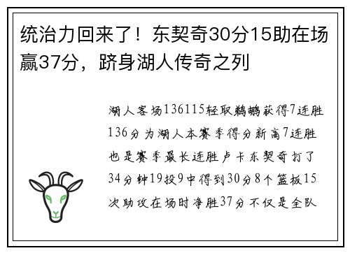 统治力回来了！东契奇30分15助在场赢37分，跻身湖人传奇之列