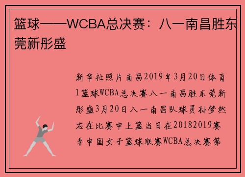 篮球——WCBA总决赛：八一南昌胜东莞新彤盛